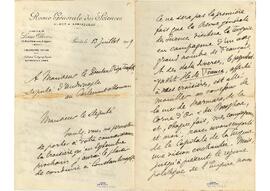 Rıza Tevfik'e Revue Générale des Sciences'den mektup